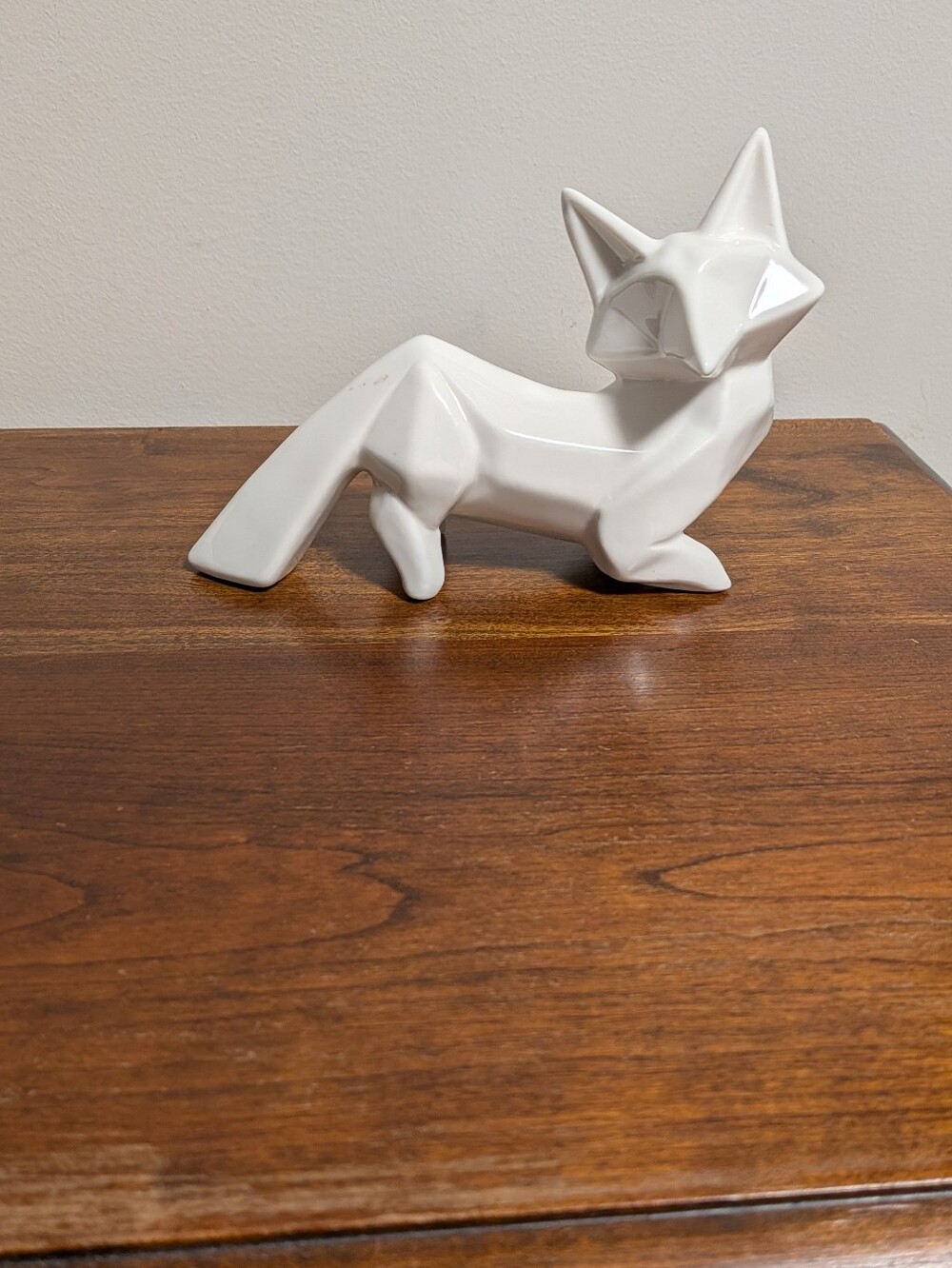 White Ceramic Fox Sculpture – Modern Home Art Accent. Geometric. 7 Inches Long.